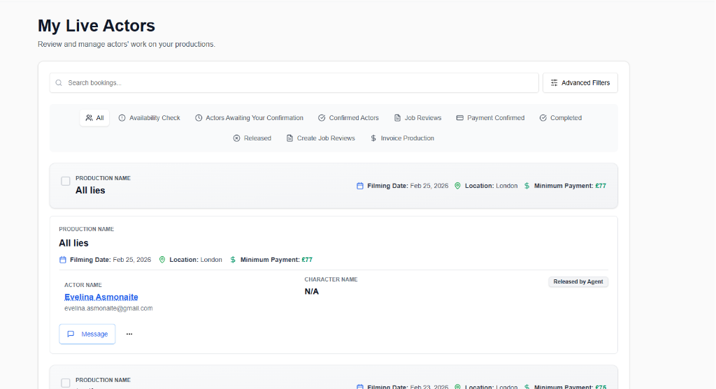 CastingCrowd My Live Actors page showing booking management and actor tracking