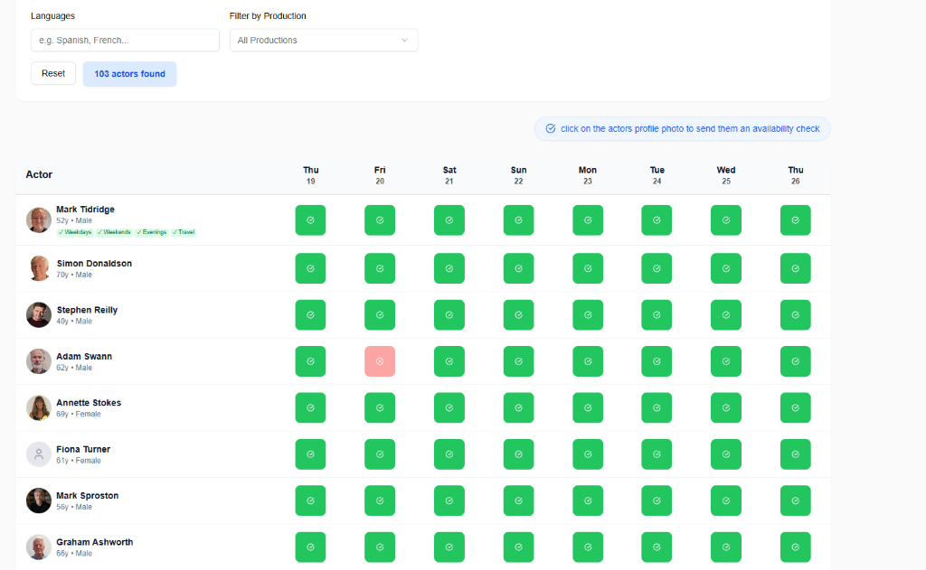 CastingCrowd availability calendar showing real-time actor availability across dates