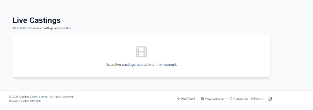 CastingCrowd live castings page showing real-time casting opportunities for actors