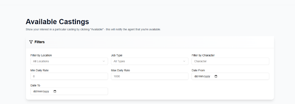 CastingCrowd available castings page with filters for location, job type, character, daily rate, and date range