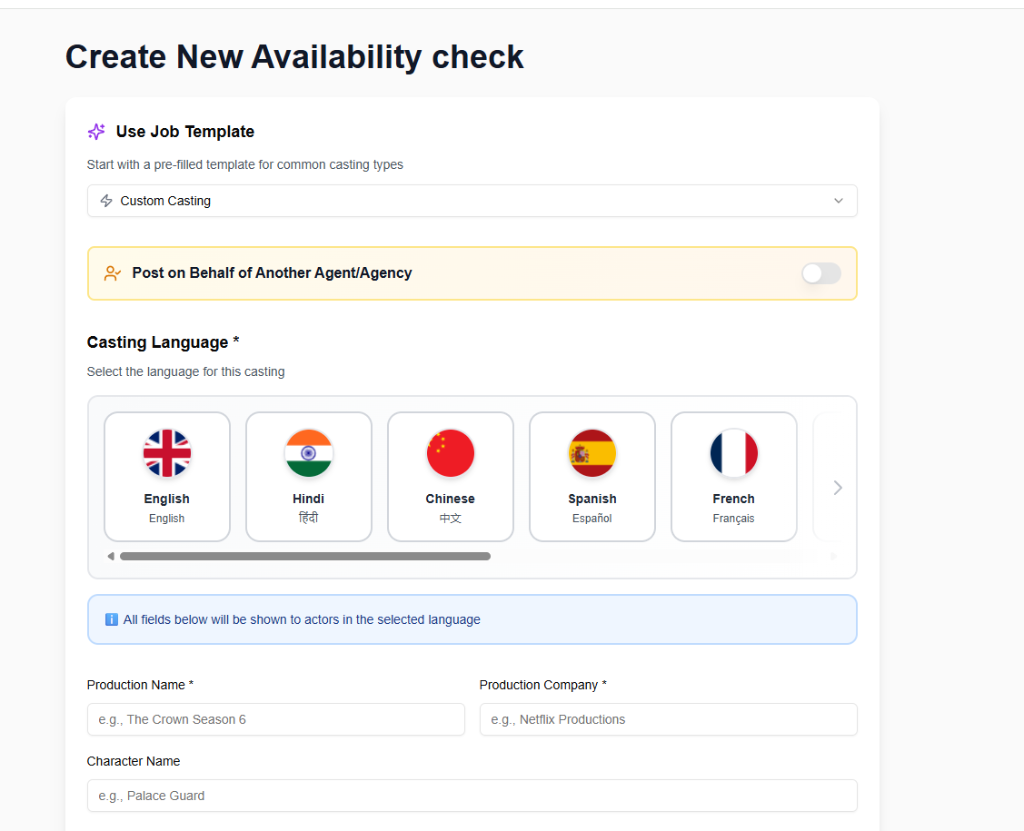 CastingCrowd create casting call form with language selection and role requirements
