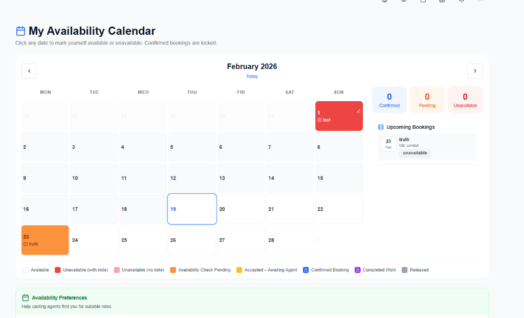 CastingCrowd availability calendar showing confirmed bookings, pending checks, and unavailable dates with colour-coded legend