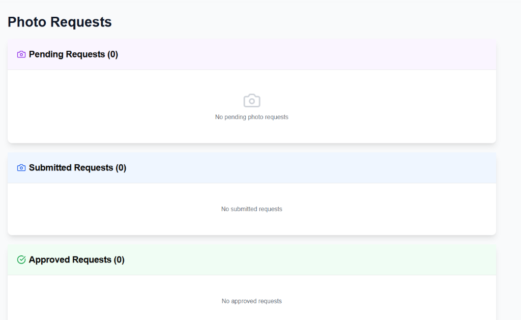 CastingCrowd photo requests page for actors showing pending, submitted and approved requests