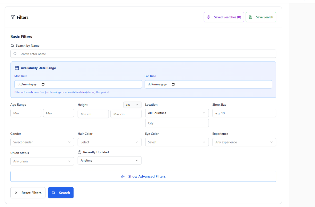 CastingCrowd actor search filters showing age, height, location, and availability options