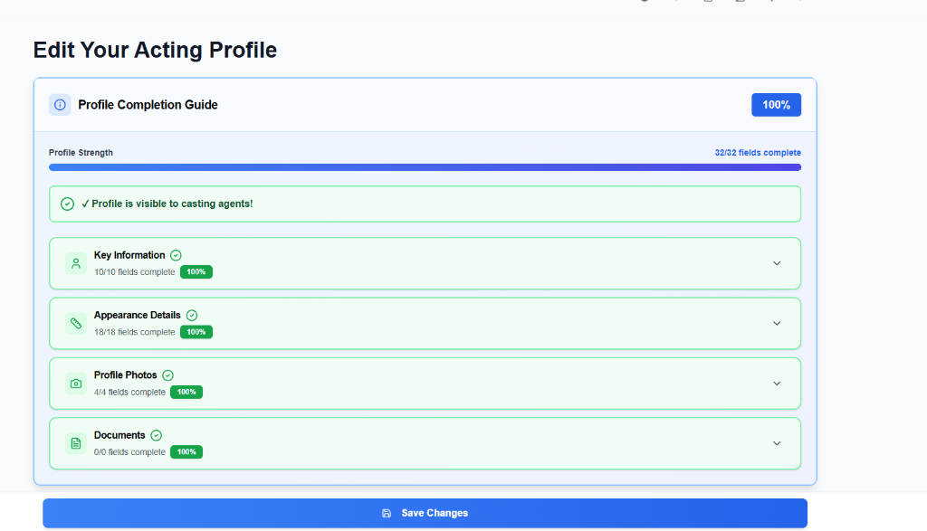 CastingCrowd actor profile editor showing profile completion guide at 100% with key information, appearance details, photos, and documents sections
