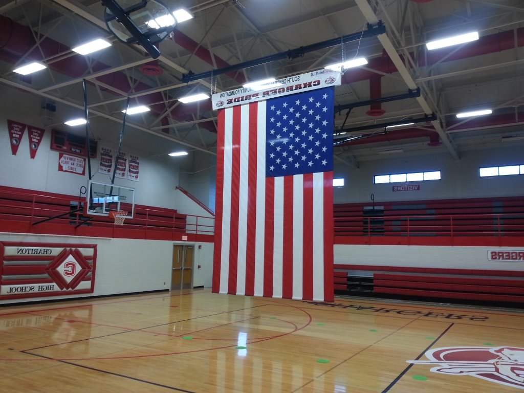 Flag installation in school gymnasium