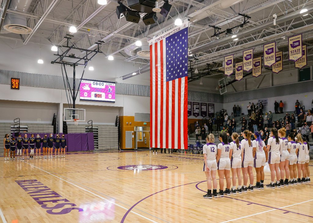 American flag installation in gymnasium
