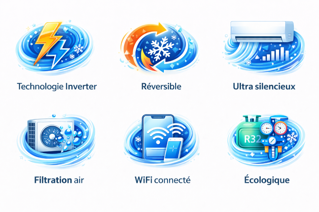 Nos solutions de climatisation - Technologie Inverter, Réversible, Ultra silencieux, Filtration air, WiFi connecté, Écologique