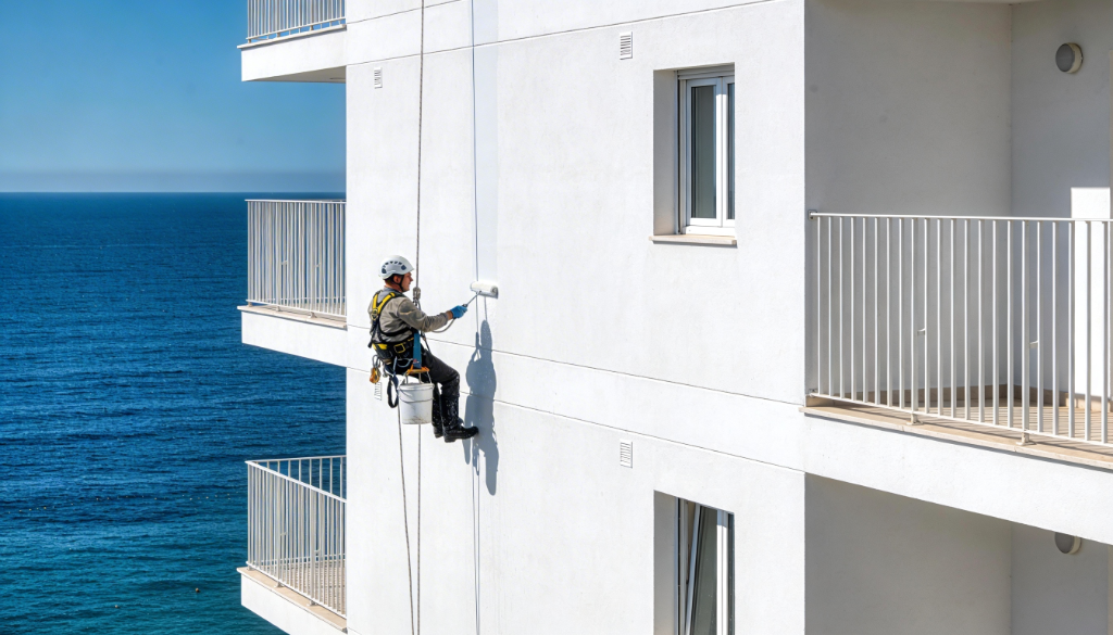 Técnico pintando fachada de edificio en Ibiza