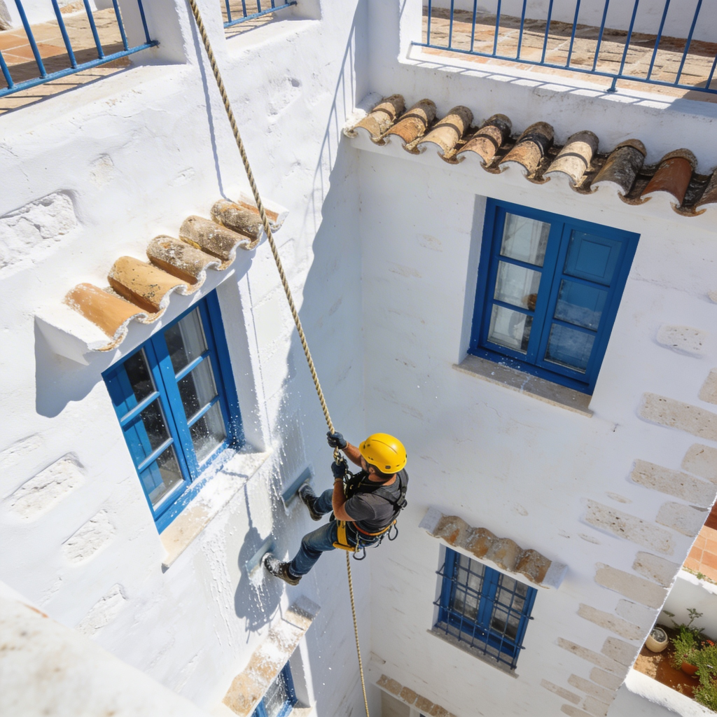 Técnico en trabajos verticales en edificio tradicional de Ibiza