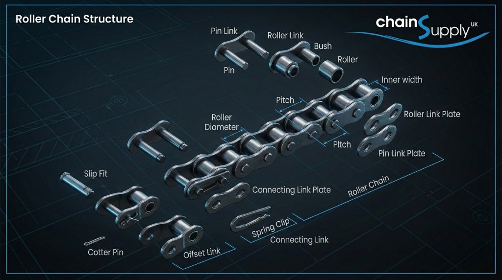 Roller Chain Structure - Technical diagram showing all components including pin link, roller link, bush, roller, pitch, inner width, roller link plate, pin link plate, connecting link plate, connecting link, spring clip, offset link, cotter pin, and slip fit
