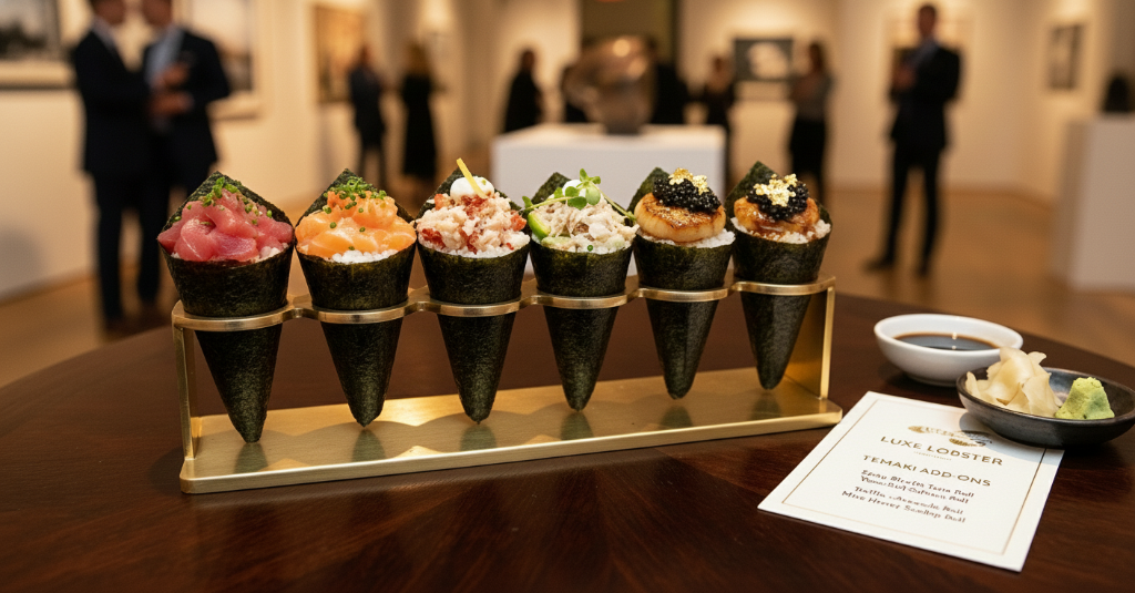 Temaki hand roll collection with premium garnishes - Luxury mobile catering service NYC