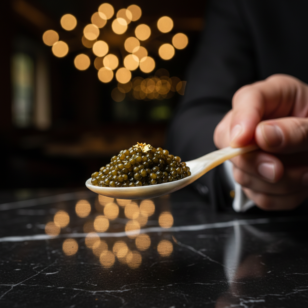 Caviar bump ritual with mother-of-pearl spoon - Luxury mobile catering service NYC