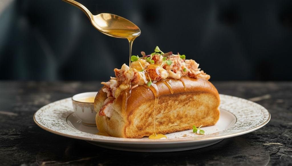 Butter-glazed lobster roll with herb garnish