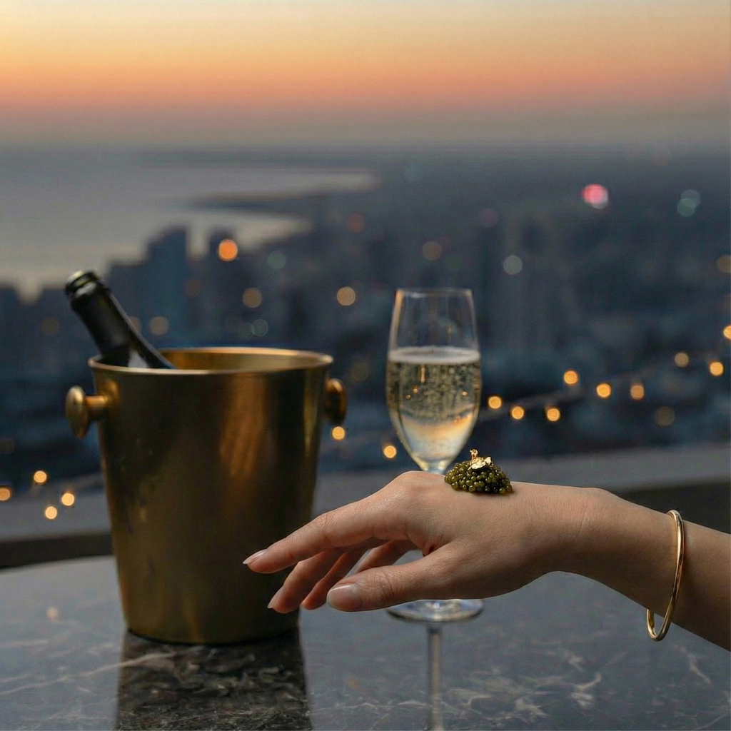 Caviar and champagne pairing at sunset - Luxury mobile catering service NYC