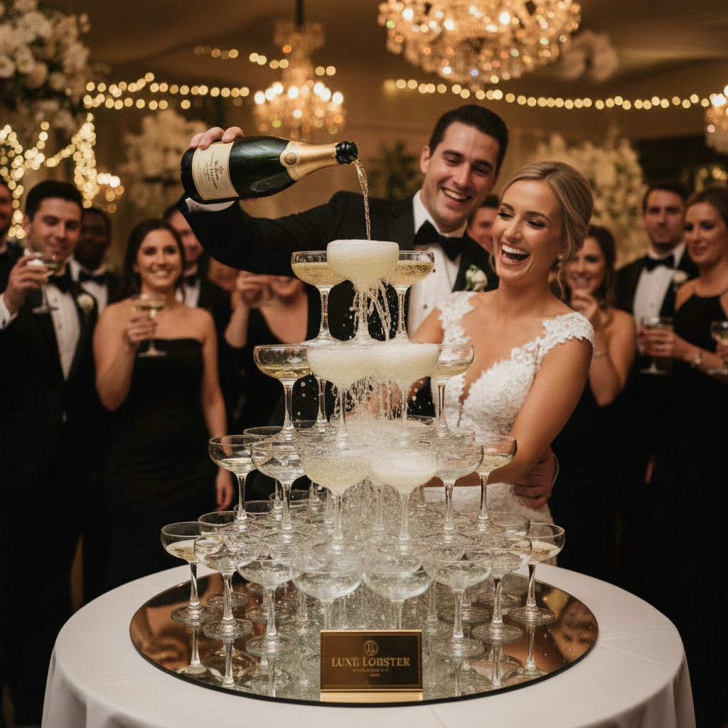 Champagne tower service for wedding celebration - Luxury mobile catering service NYC