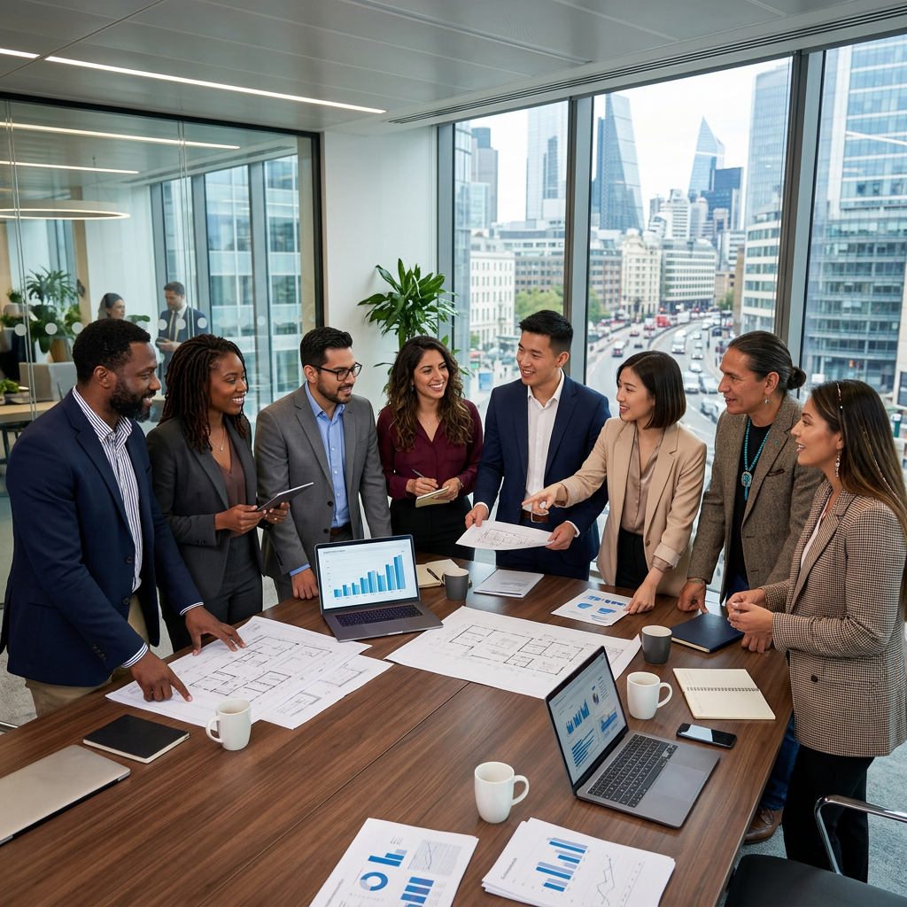Diverse multicultural business professionals networking in a modern office