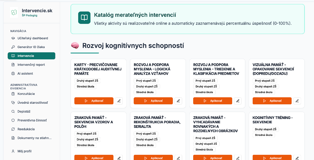 Katalóg online intervencií
