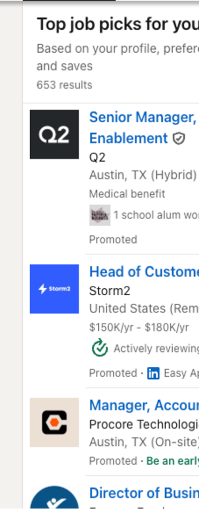 LinkedIn Top Job Picks showing predominantly promoted roles