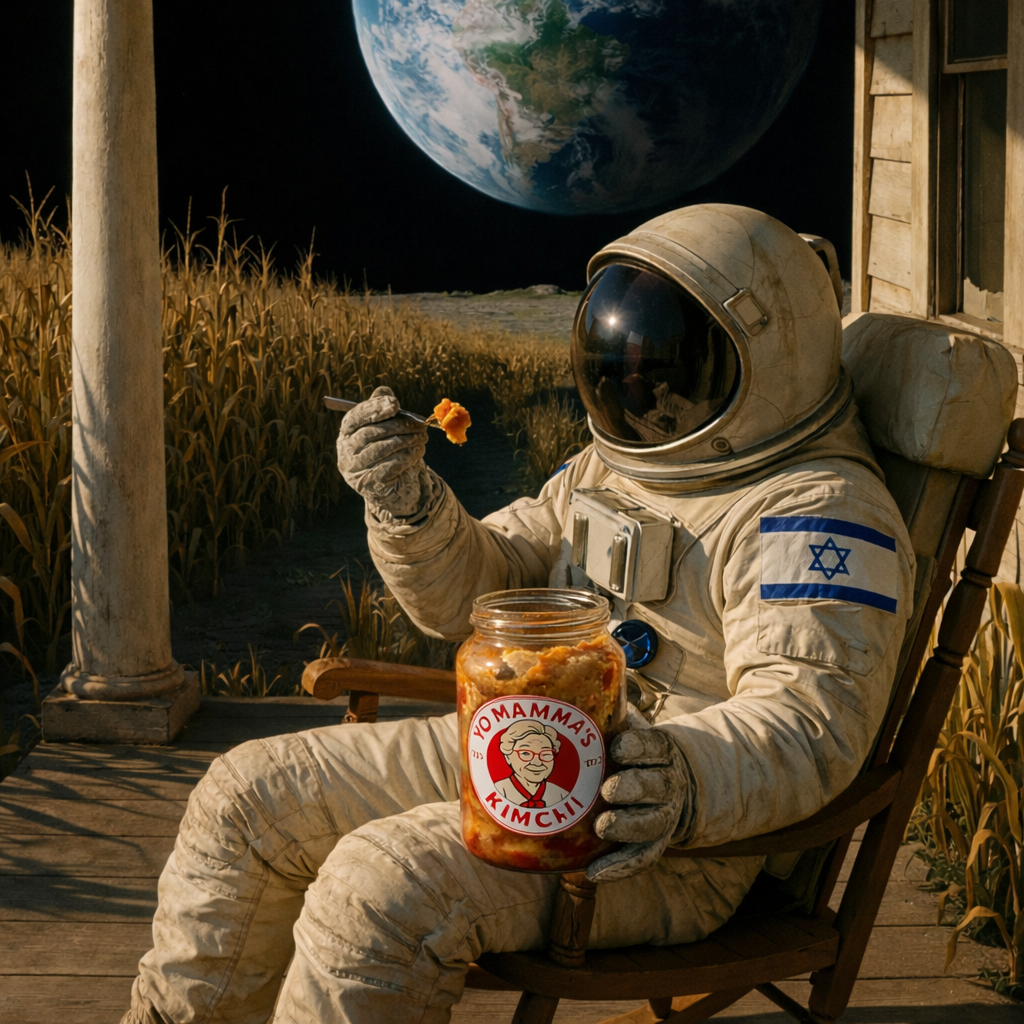 Astronaut with an Israeli flag enjoying Yo Mamma's Kimchi