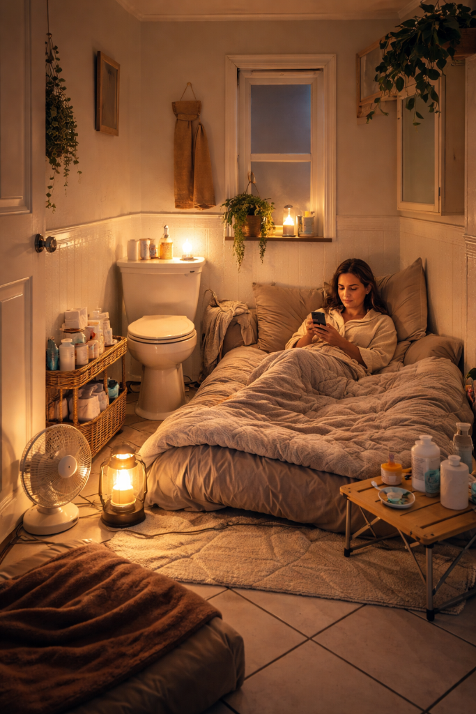 Cozy bathroom setup with bed next to toilet