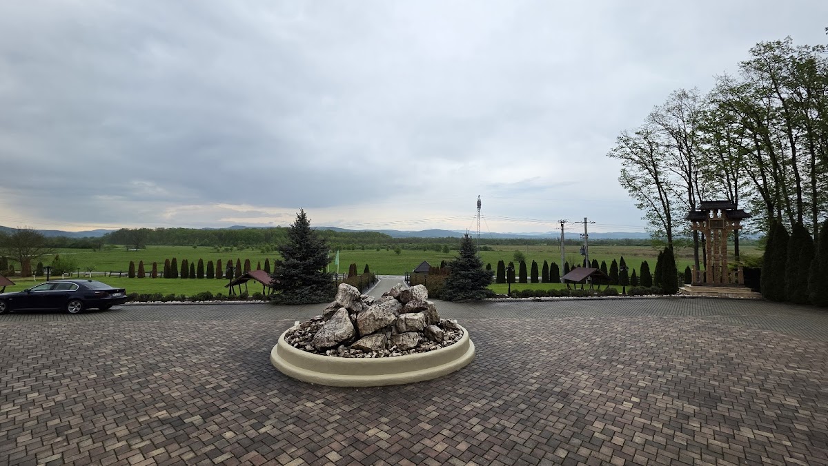 Peisaj panoramic de la Casa Bata, cazare în Banat, cu livadă verde și fântână ornamentală.