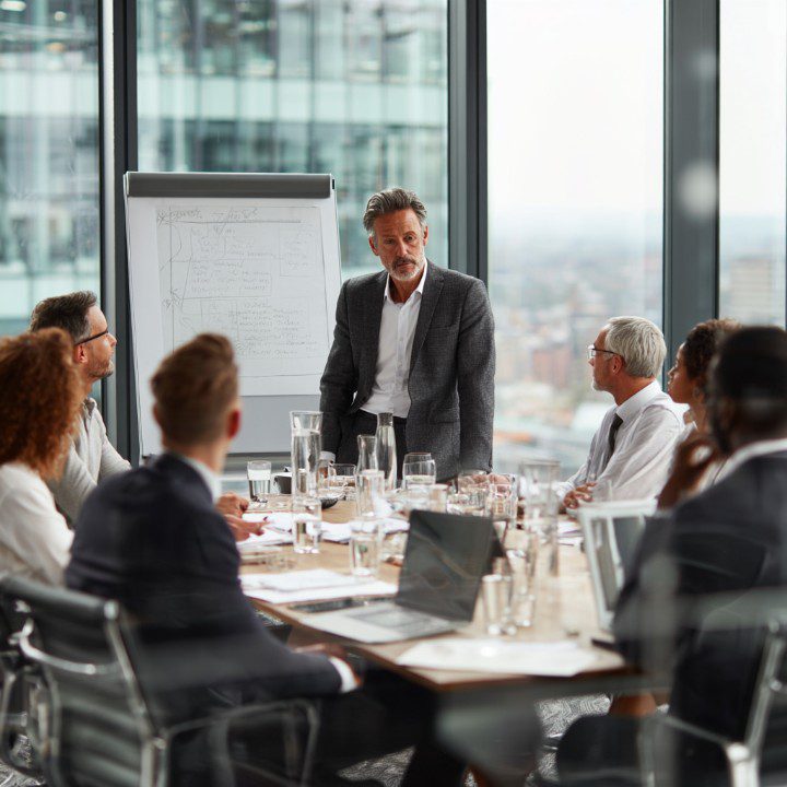 Executive in business meeting discussing modernization strategy