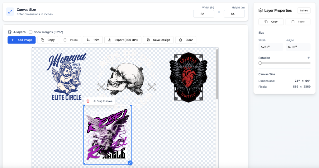 Gangify canvas editor with gang sheet designs