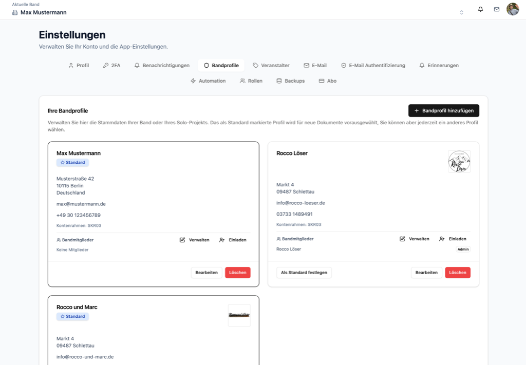 Bandprofile Verwaltung