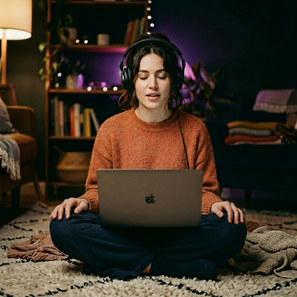 Woman with headphones sitting cross-legged recording affirmations