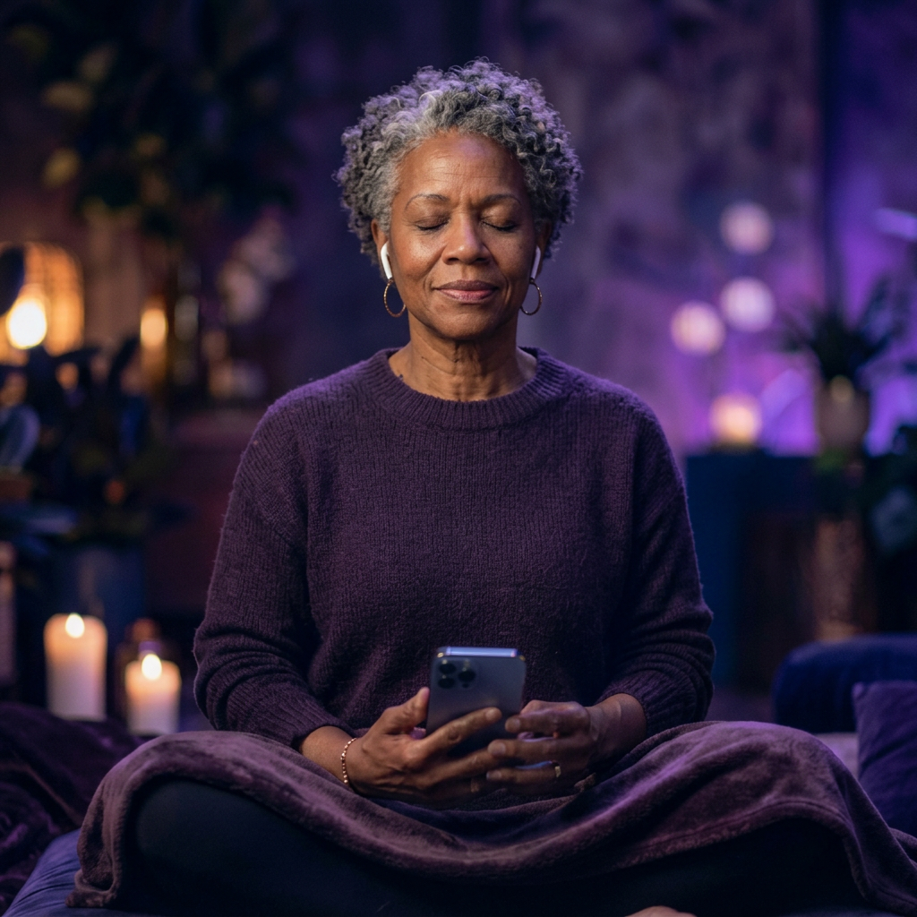 Older woman meditating peacefully with mobile phone in hand