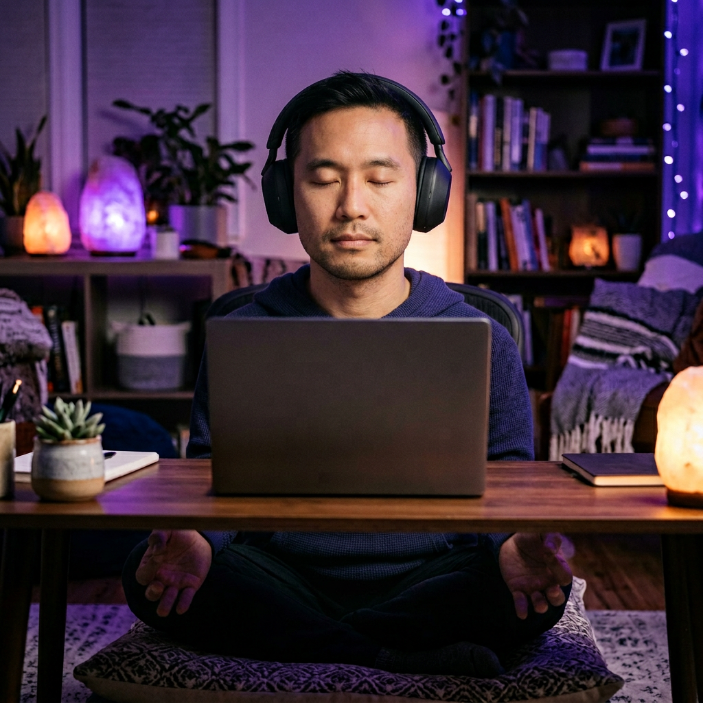 Man meditating at desk with headphones on, eyes closed, laptop open in front of him