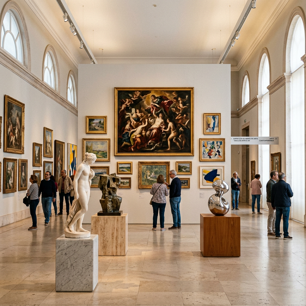 Galería de arte con cuadros y esculturas