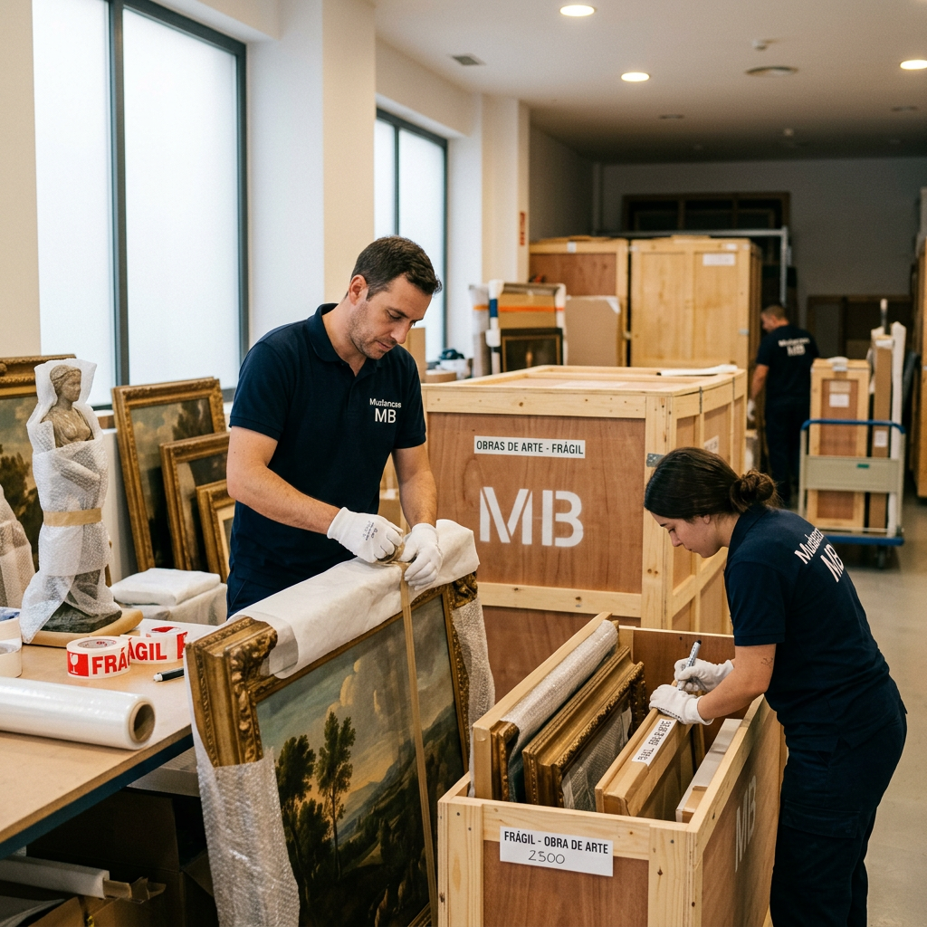 Equipo embalando obras de arte en almacén
