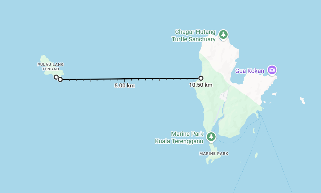 Route map from Pulau Lang Tengah to Pulau Redang