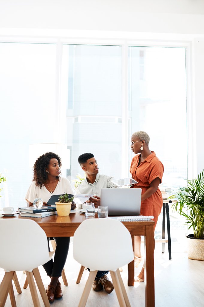 Black professionals collaborating in office meeting