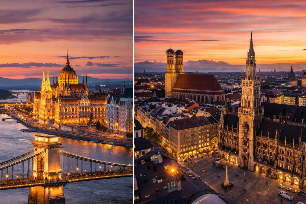 Budapest Parliament Building and Munich Marienplatz at sunset