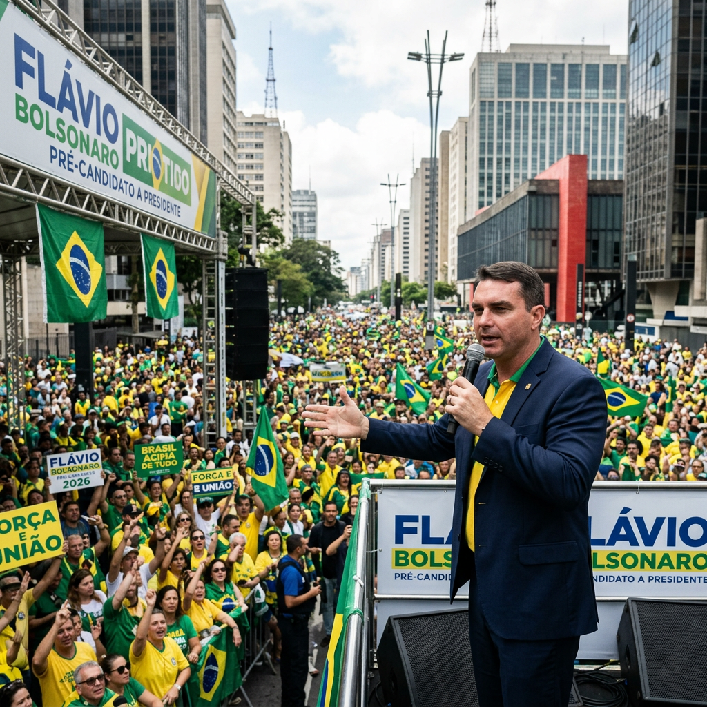 Flávio Bolsonaro lidera comício como pré-candidato à presidência