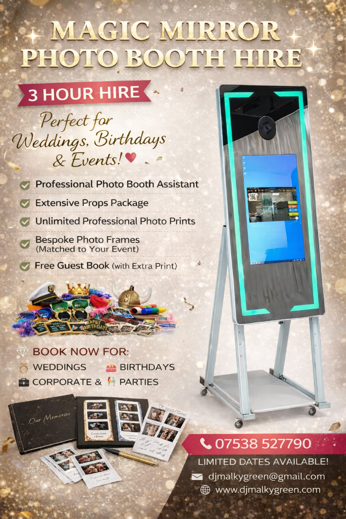 Magic Mirror Photo Booth hire with neon lights for weddings and parties