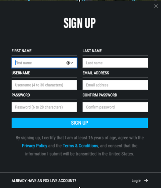 FSX Live Sign Up Form