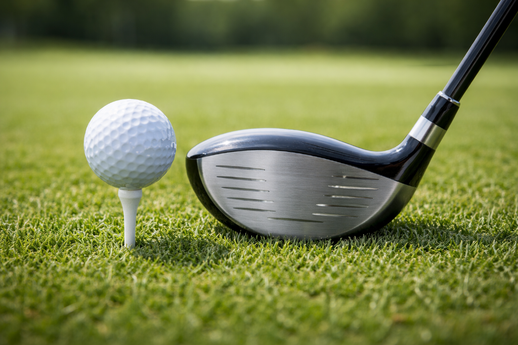 Golf ball on tee with driver club positioned behind it