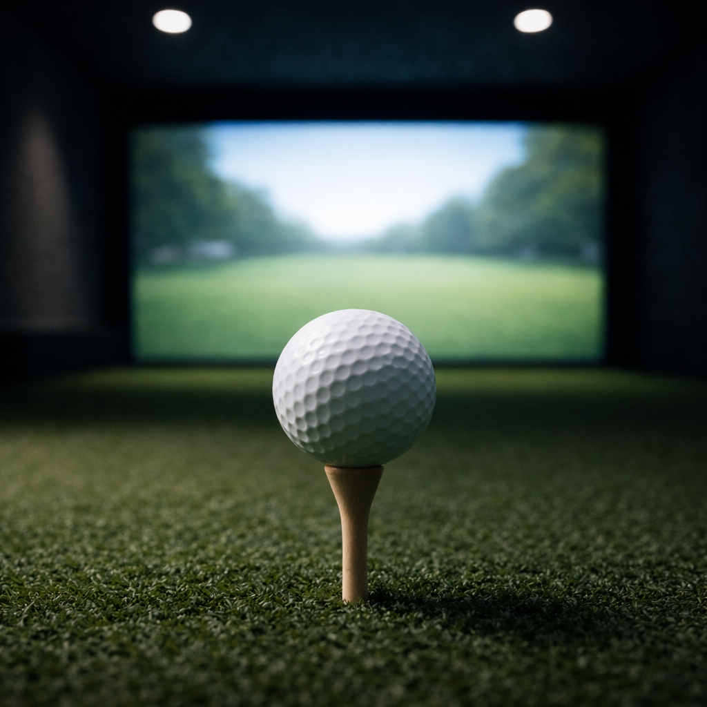 Golf ball on tee with simulator screen
