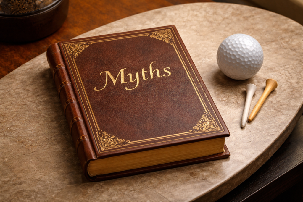 Leather-bound book titled 'Myths' with golf ball and tees