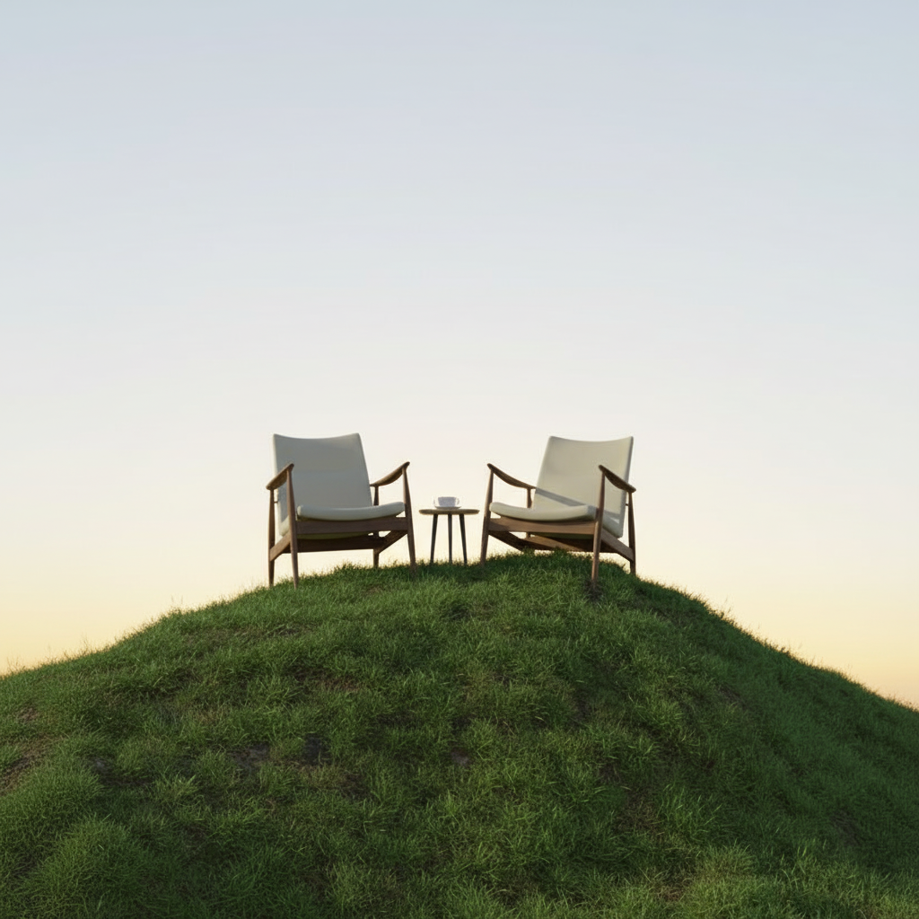 Two chairs on a hilltop at dusk