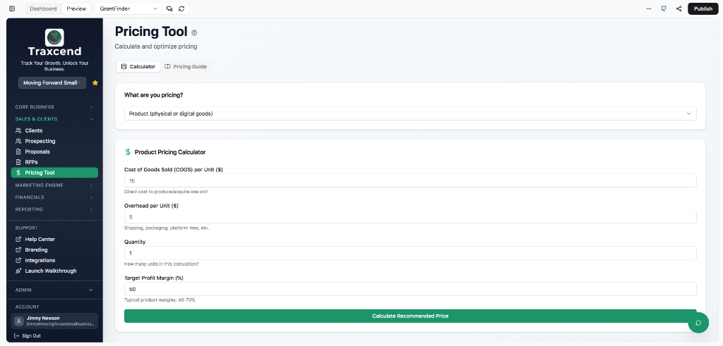 Traxcend Pricing Tool showing calculator and profit margin optimization