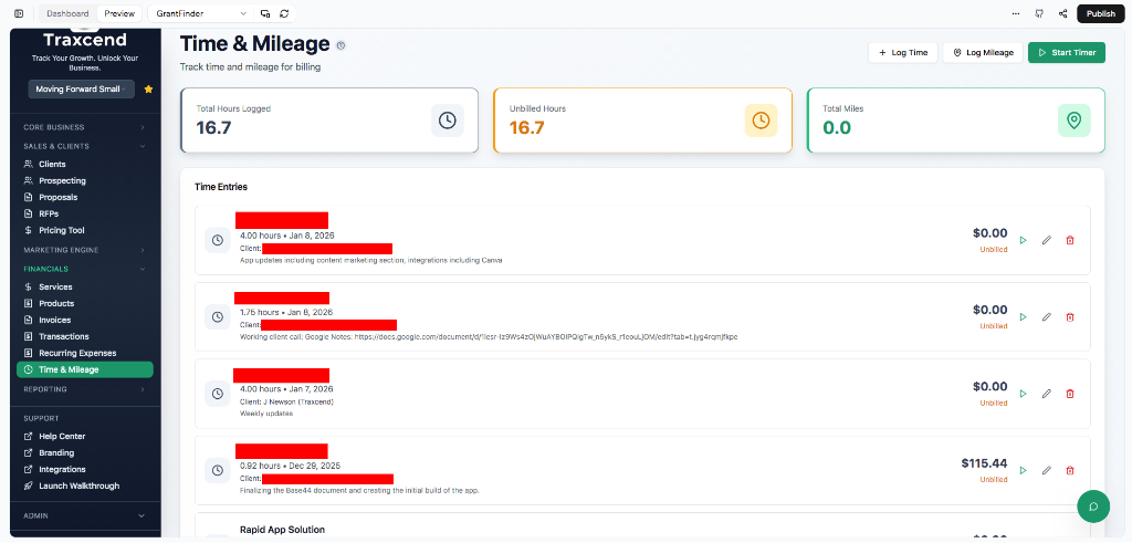 Traxcend Time and Mileage tracking showing logged hours and mileage entries