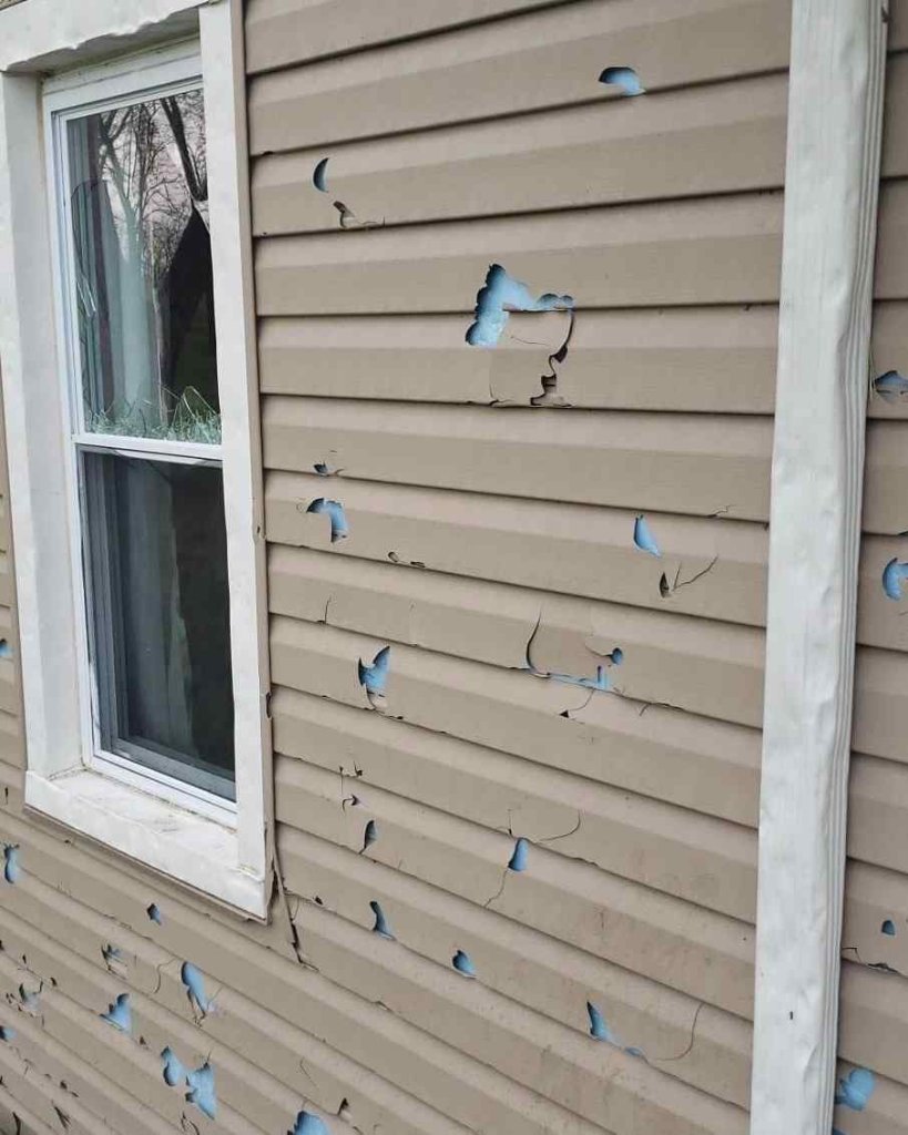 Severe hail damage on vinyl siding requiring complete replacement