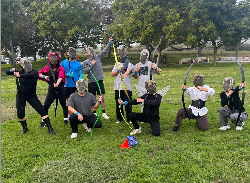Archery tag party San Gabriel Valley - participants with foam arrow bows in team building activity