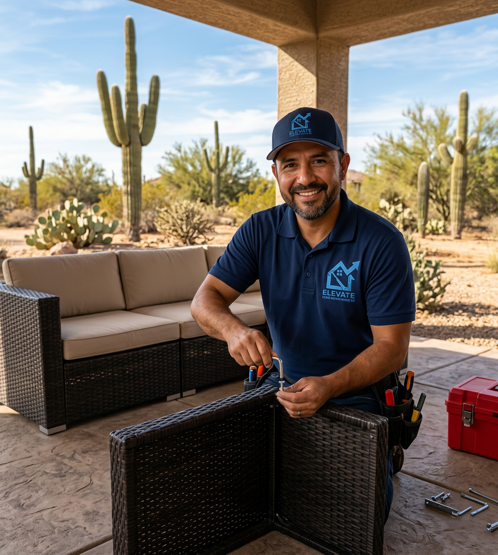 Elevate Home Maintenance AZ handyman assembling outdoor patio furniture in Avondale Arizona
