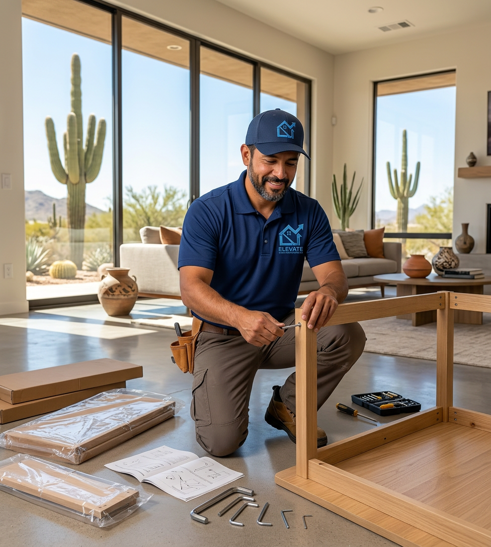 Elevate Home Maintenance AZ handyman assembling dining table in Goodyear Arizona home
